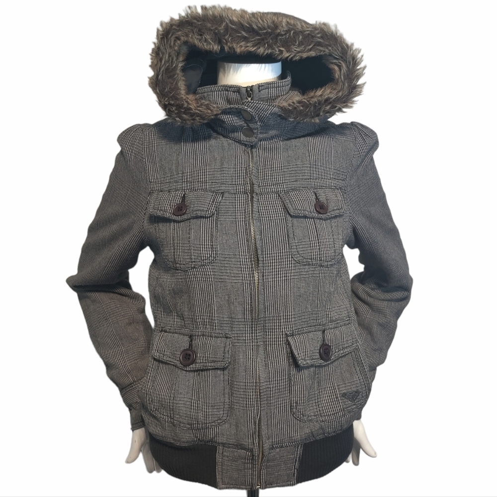 ROXY Large Gray Tweed Plaid Faux Fur Hood Zip up Bomber Style Jacket